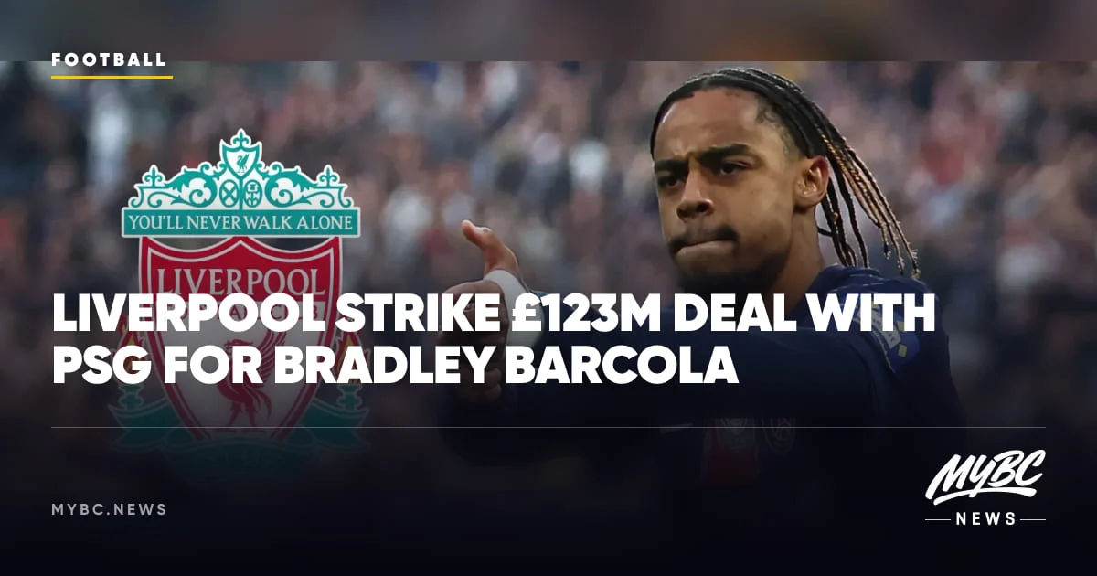 Auto-rendered share card for a Liverpool transfer story — photo, club crest and headline on a dark plate