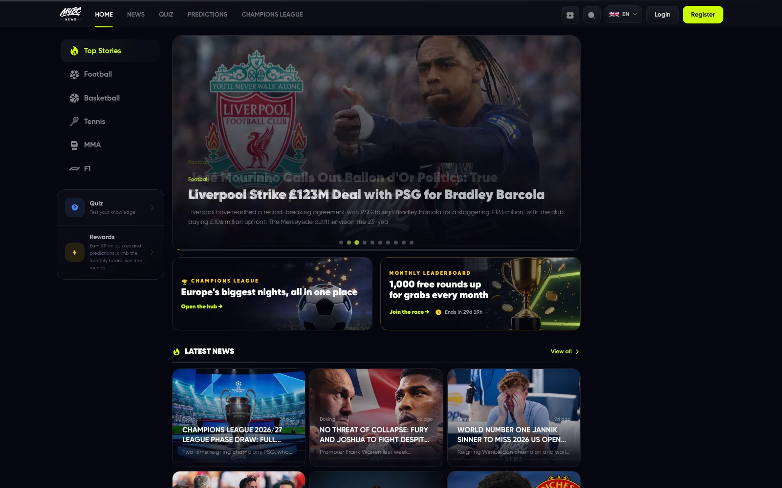 mybc.news homepage — dark sports news site with top stories, quiz and leaderboard modules