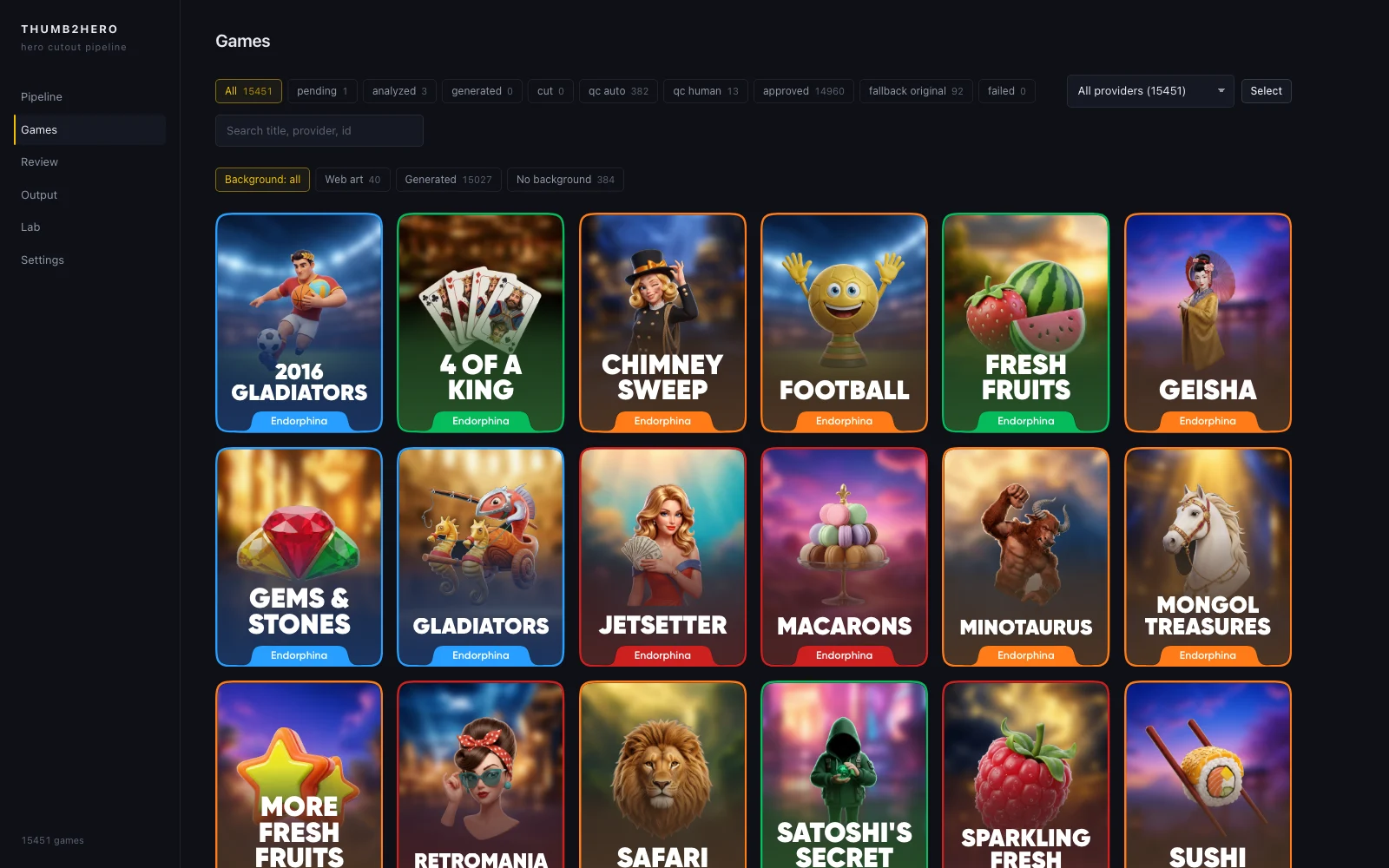 Thumb2Hero web interface — a filterable grid of 15,451 games with pipeline states and provider filters