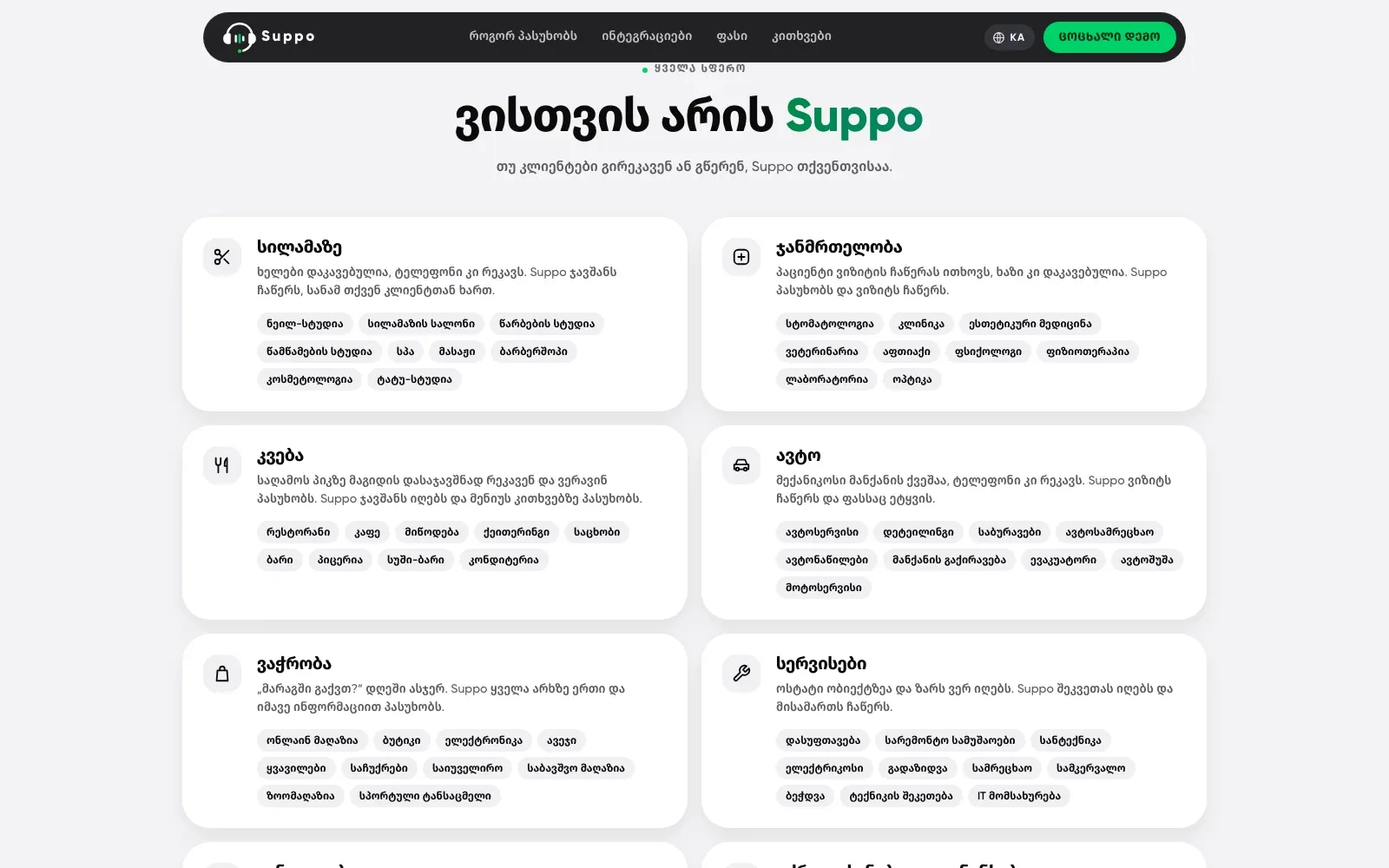 suppo.ge audience section: cards for beauty, health, food, auto, retail and services, each with a row of business-type chips in Georgian