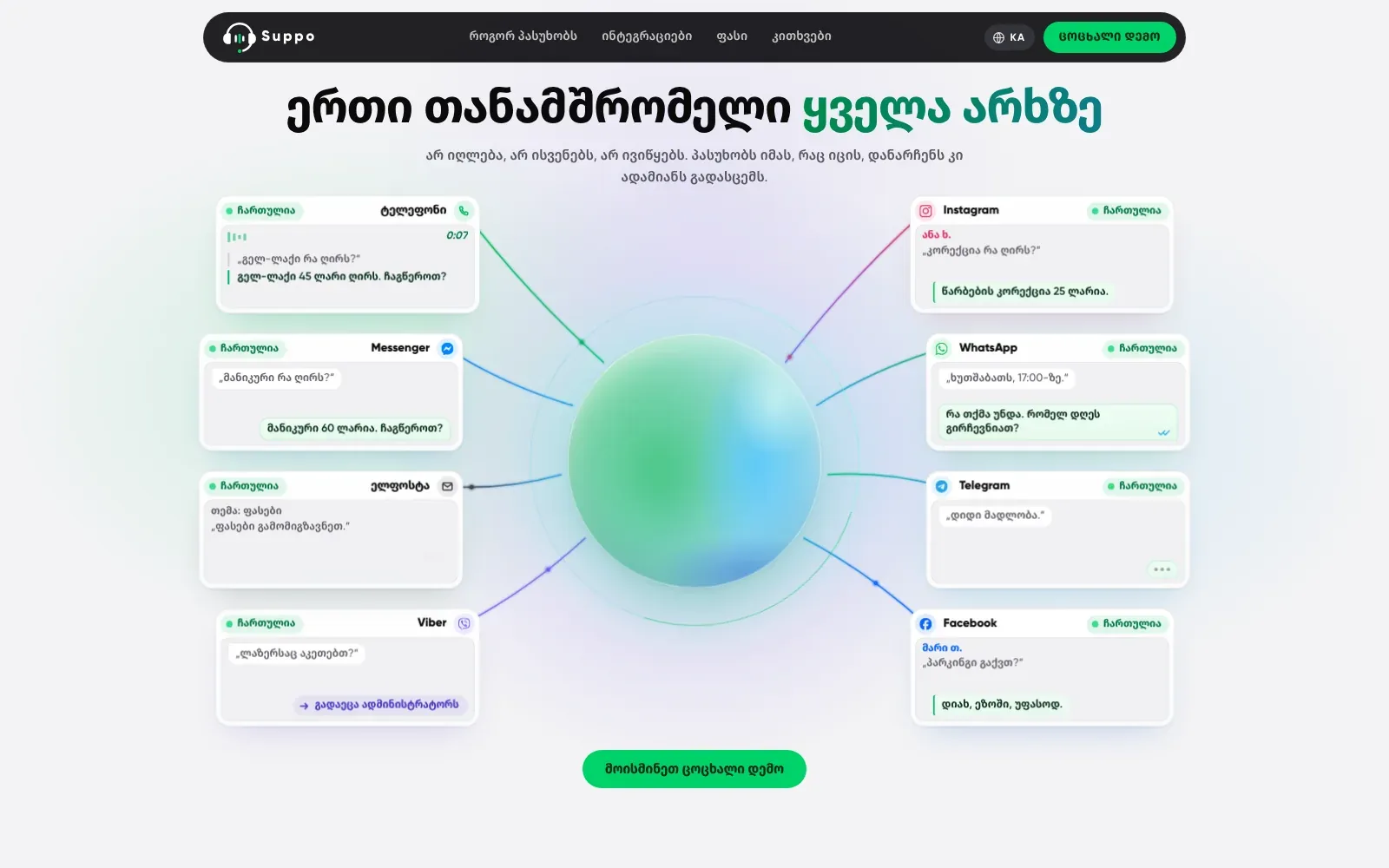 suppo.ge conversations section: a green and blue orb in the centre with eight channel cards around it, phone, Messenger, email, Viber, Instagram, WhatsApp, Telegram and Facebook, each showing a short Georgian exchange