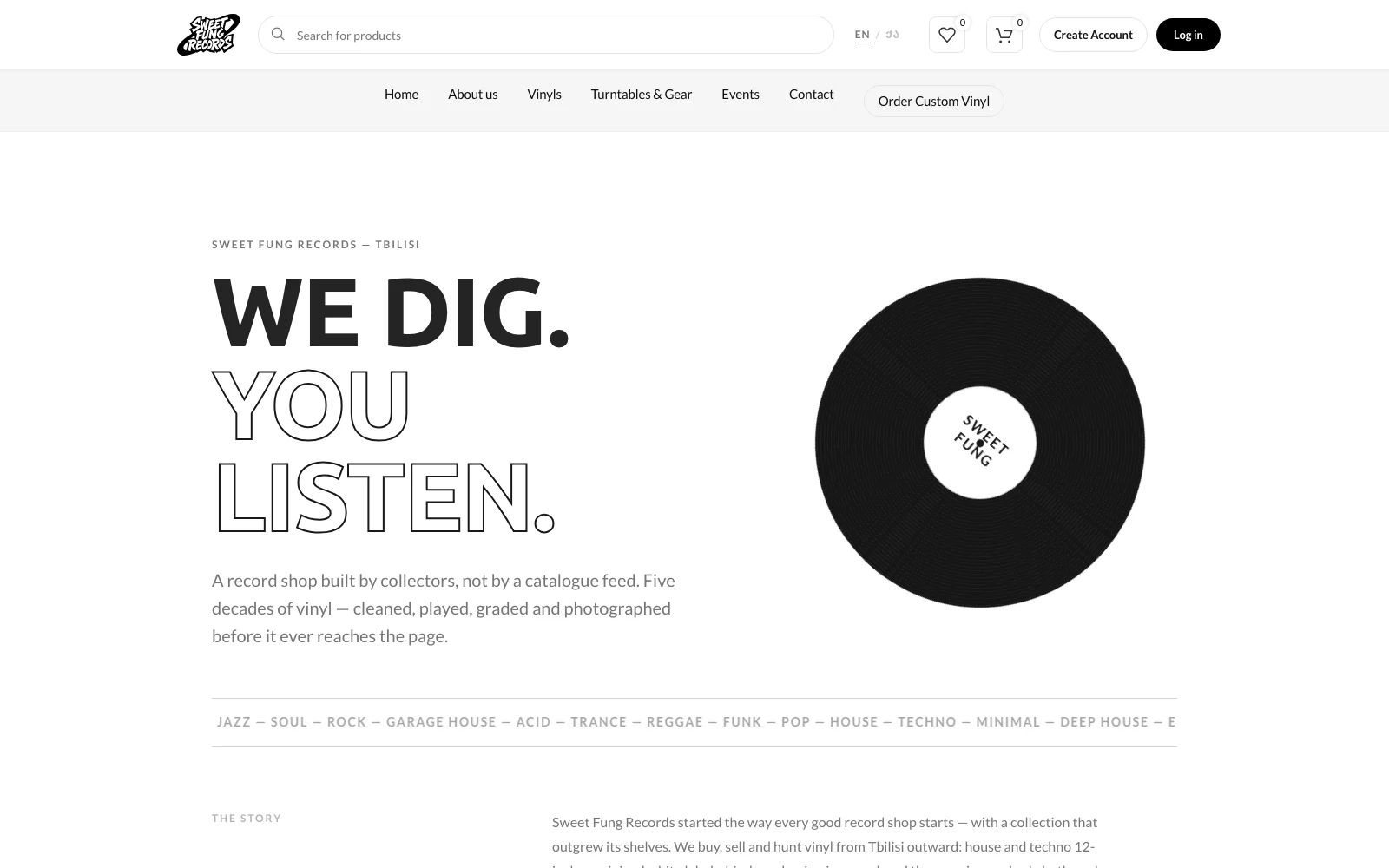 About page hero — WE DIG. YOU LISTEN. headline beside a CSS-drawn spinning vinyl disc, over a scrolling genre marquee