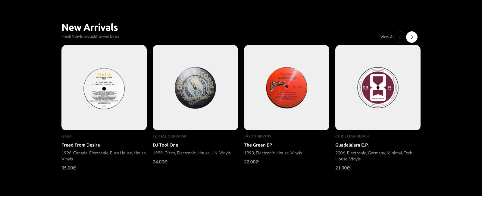 New Arrivals band — vinyl labels photographed on grey plates over a black full-bleed section