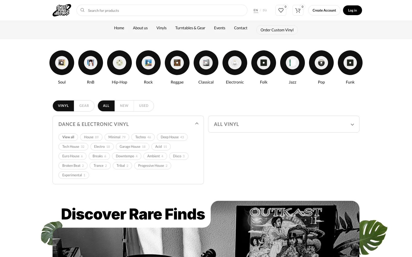 Sweet Fung Records homepage — two-row header, a rail of eleven vinyl-disc genre icons, and a cascade category selector