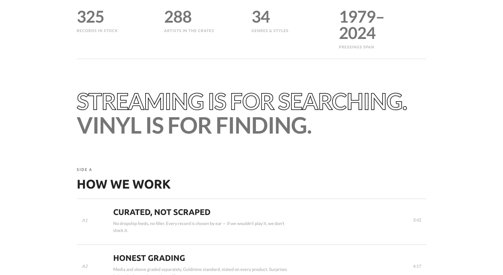 About page — live stats reading 325 records, 288 artists, 34 genres, 1979–2024 pressings, above the manifesto Streaming is for searching, vinyl is for finding, and a Side A tracklist of shop principles