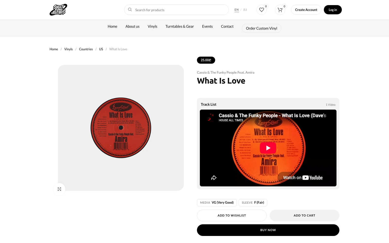 Sweet Fung Records product page — a 12-inch single with an embedded listening player, media and sleeve condition grades, and wishlist, cart and buy buttons