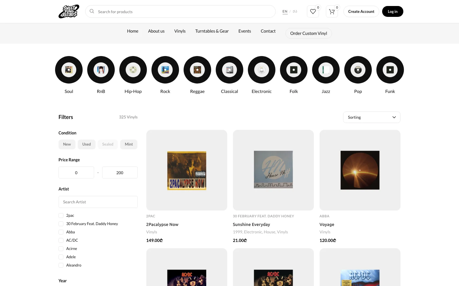 Sweet Fung Records shop page — filter panel with condition, price range and artist checkboxes beside a grid of 325 vinyl listings